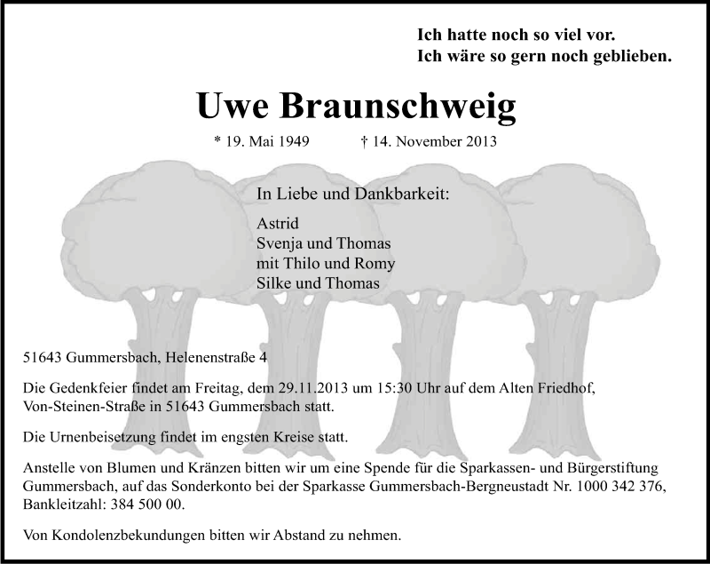  Traueranzeige für Uwe Braunschweig vom 23.11.2013 aus Kölner Stadt-Anzeiger / Kölnische Rundschau / Express