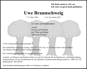 Anzeige von Uwe Braunschweig von Kölner Stadt-Anzeiger / Kölnische Rundschau / Express