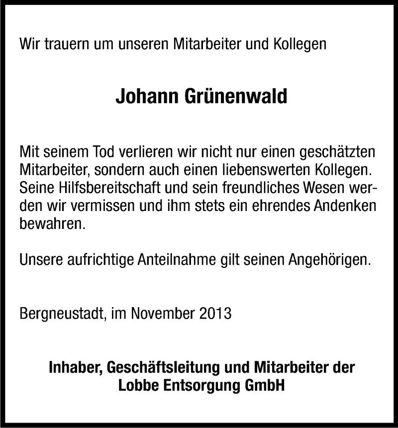  Traueranzeige für Johann Grünenwald vom 23.11.2013 aus Kölner Stadt-Anzeiger / Kölnische Rundschau / Express