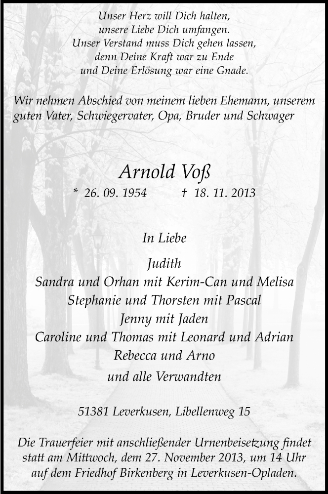  Traueranzeige für Arnold Voß vom 23.11.2013 aus Kölner Stadt-Anzeiger / Kölnische Rundschau / Express
