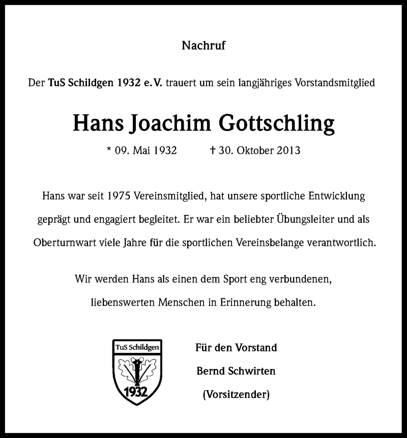  Traueranzeige für Hans Joachim Gottschling vom 23.11.2013 aus Kölner Stadt-Anzeiger / Kölnische Rundschau / Express