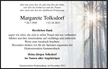 Anzeige von Margarete Tolksdorf von Kölner Stadt-Anzeiger / Kölnische Rundschau / Express