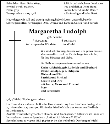 Anzeige von Margaretha Ludolph von Kölner Stadt-Anzeiger / Kölnische Rundschau / Express