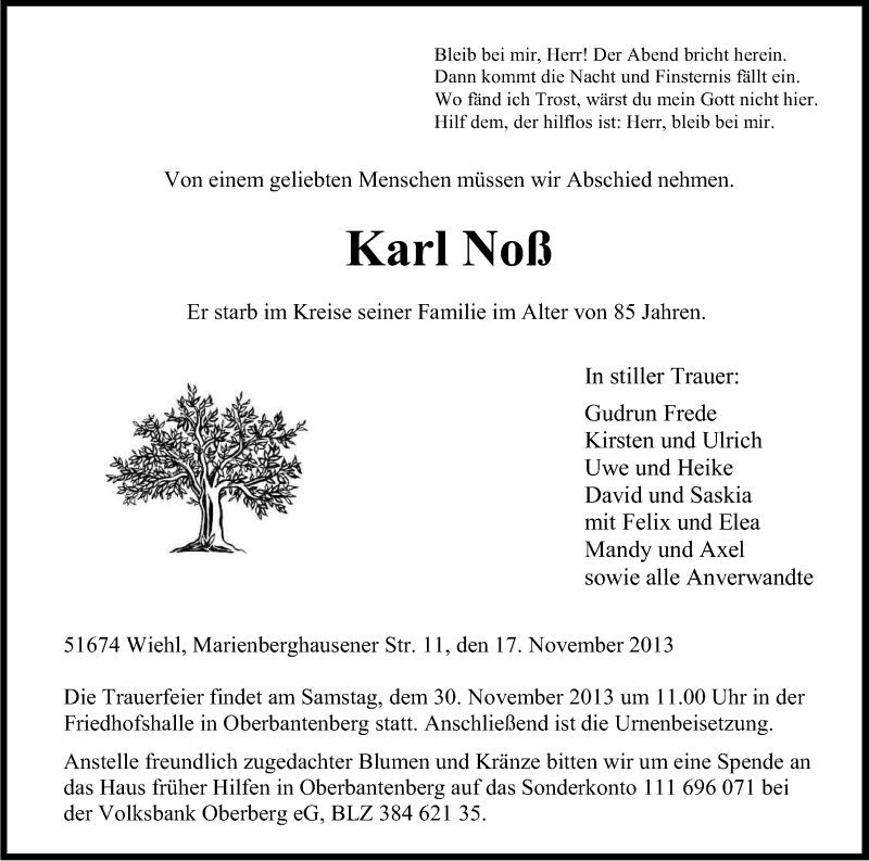  Traueranzeige für Karl Noß vom 23.11.2013 aus Kölner Stadt-Anzeiger / Kölnische Rundschau / Express