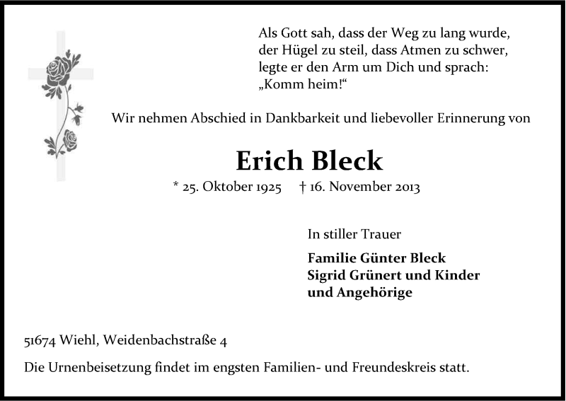  Traueranzeige für Erich Bleck vom 23.11.2013 aus Kölner Stadt-Anzeiger / Kölnische Rundschau / Express