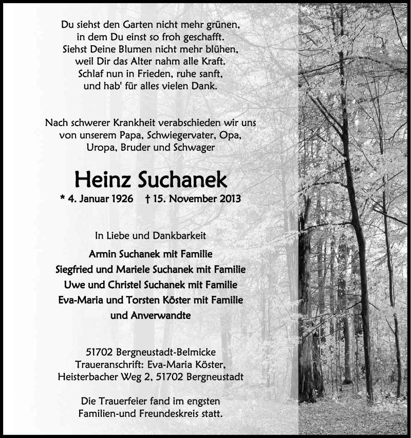  Traueranzeige für Heinz Suchanek vom 23.11.2013 aus Kölner Stadt-Anzeiger / Kölnische Rundschau / Express