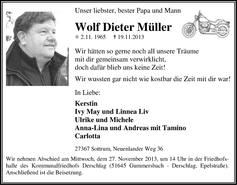  Traueranzeige für Wolf Dieter Müller vom 23.11.2013 aus Kölner Stadt-Anzeiger / Kölnische Rundschau / Express