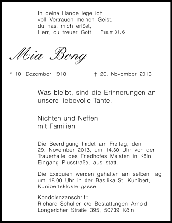 Anzeige von Mia Bong von Kölner Stadt-Anzeiger / Kölnische Rundschau / Express