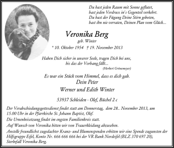 Anzeige von Veronika Berg von Kölner Stadt-Anzeiger / Kölnische Rundschau / Express