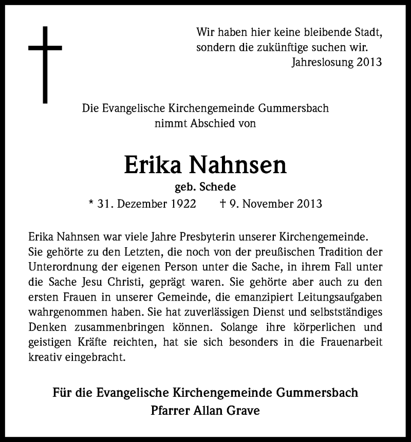  Traueranzeige für Erika Nahnsen vom 23.11.2013 aus Kölner Stadt-Anzeiger / Kölnische Rundschau / Express