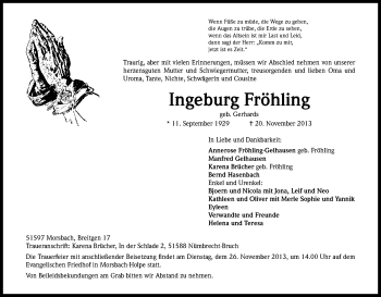 Anzeige von Ingeburg Fröhling von Kölner Stadt-Anzeiger / Kölnische Rundschau / Express
