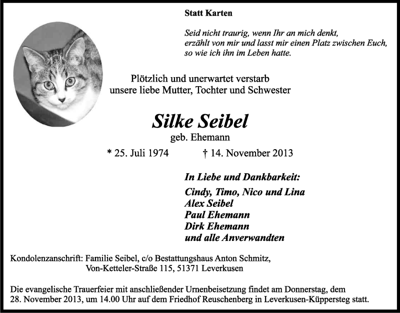  Traueranzeige für Silke Seibel vom 23.11.2013 aus Kölner Stadt-Anzeiger / Kölnische Rundschau / Express