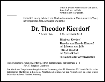 Anzeige von Theodor Kierdorf von Kölner Stadt-Anzeiger / Kölnische Rundschau / Express