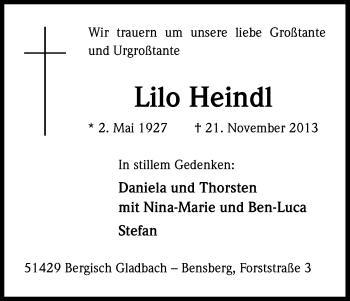 Anzeige von Lilo Heindl von Kölner Stadt-Anzeiger / Kölnische Rundschau / Express
