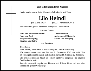 Anzeige von Lilo Heindl von Kölner Stadt-Anzeiger / Kölnische Rundschau / Express
