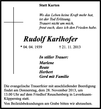 Anzeige von Rudolf Karlhofer von Kölner Stadt-Anzeiger / Kölnische Rundschau / Express