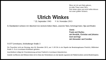 Anzeige von Ulrich Winkes von Kölner Stadt-Anzeiger / Kölnische Rundschau / Express