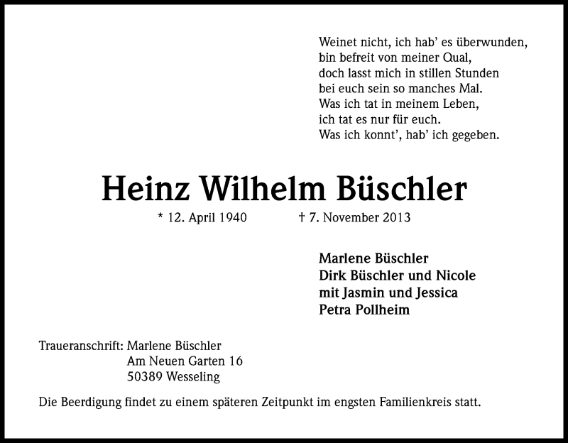  Traueranzeige für Heinz Wilhelm Büschler vom 23.11.2013 aus Kölner Stadt-Anzeiger / Kölnische Rundschau / Express
