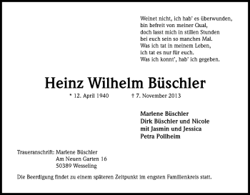 Anzeige von Heinz Wilhelm Büschler von Kölner Stadt-Anzeiger / Kölnische Rundschau / Express