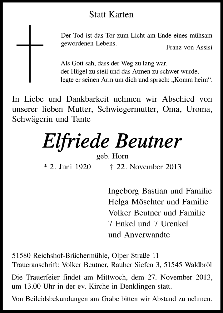 Traueranzeige für Elfriede Beutner vom 23.11.2013 aus Kölner Stadt-Anzeiger / Kölnische Rundschau / Express