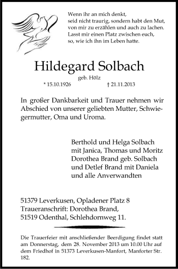 Anzeige von Hildegard Solbach von Kölner Stadt-Anzeiger / Kölnische Rundschau / Express