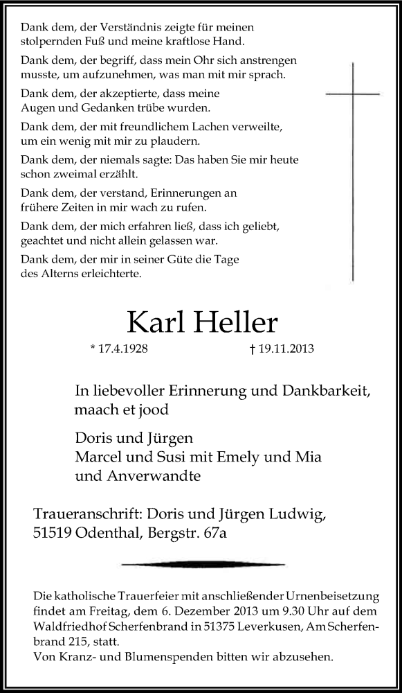  Traueranzeige für Karl Heller vom 23.11.2013 aus Kölner Stadt-Anzeiger / Kölnische Rundschau / Express