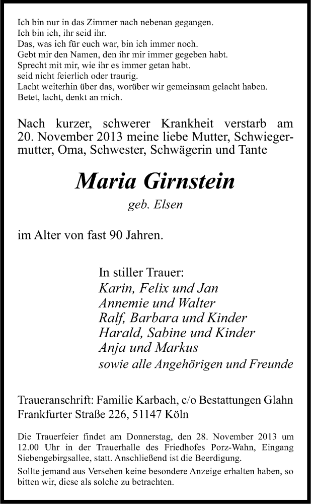  Traueranzeige für Maria Girnstein vom 23.11.2013 aus Kölner Stadt-Anzeiger / Kölnische Rundschau / Express