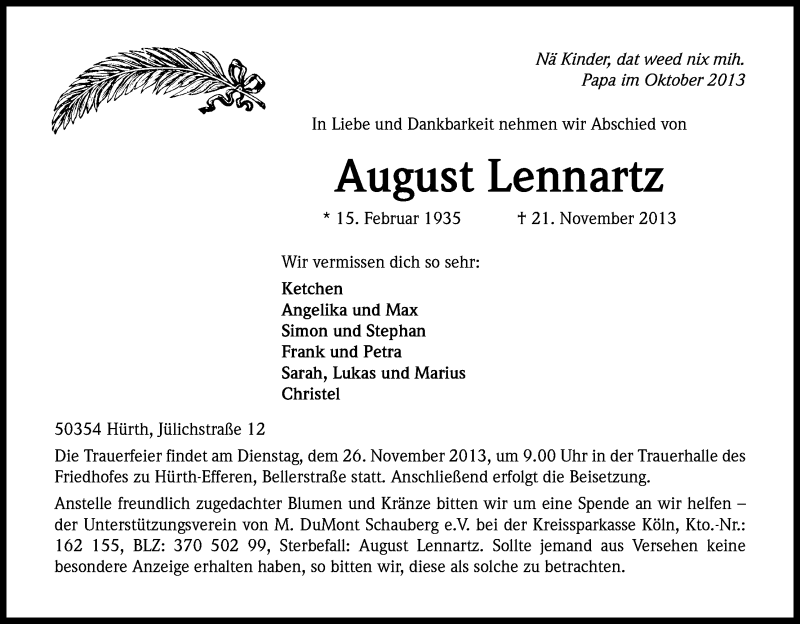  Traueranzeige für August Lennartz vom 25.11.2013 aus Kölner Stadt-Anzeiger / Kölnische Rundschau / Express