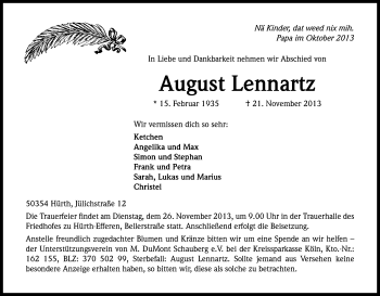 Anzeige von August Lennartz von Kölner Stadt-Anzeiger / Kölnische Rundschau / Express
