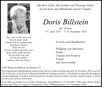 Anzeige von Doris Billstein von Kölner Stadt-Anzeiger / Kölnische Rundschau / Express