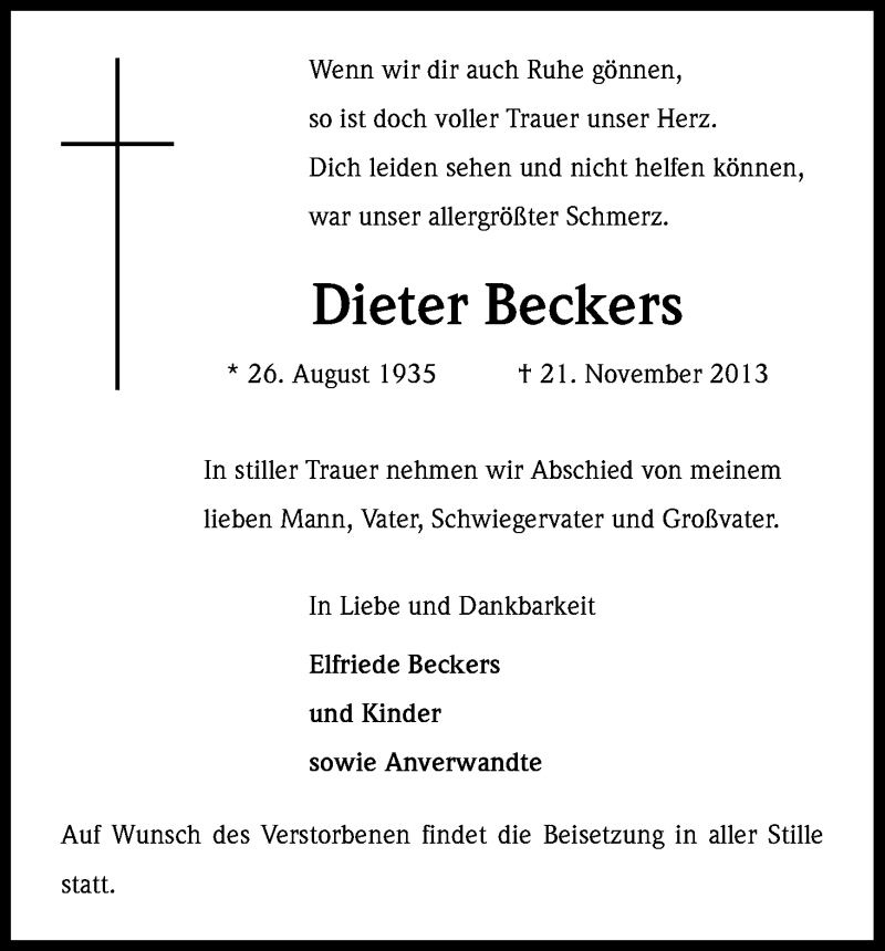  Traueranzeige für Dieter Beckers vom 23.11.2013 aus Kölner Stadt-Anzeiger / Kölnische Rundschau / Express