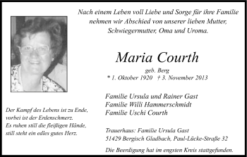 Anzeige von Maria Courth von Kölner Stadt-Anzeiger / Kölnische Rundschau / Express
