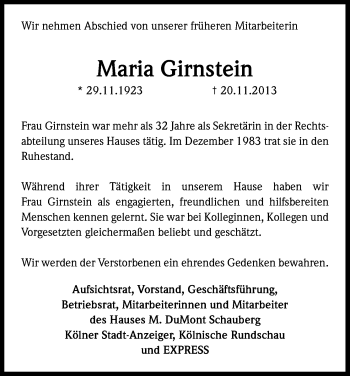 Anzeige von Maria Girnstein von Kölner Stadt-Anzeiger / Kölnische Rundschau / Express