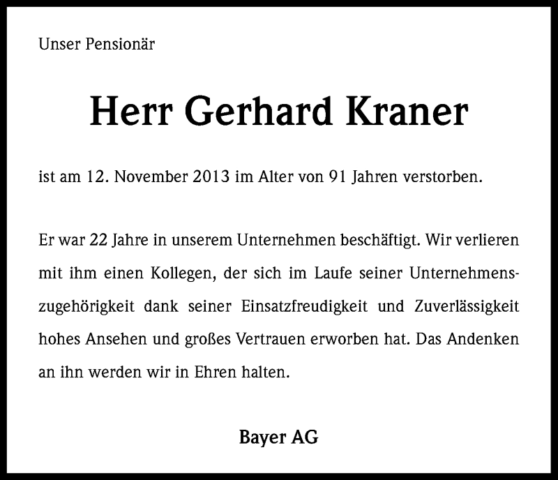  Traueranzeige für Gerhard Kraner vom 23.11.2013 aus Kölner Stadt-Anzeiger / Kölnische Rundschau / Express