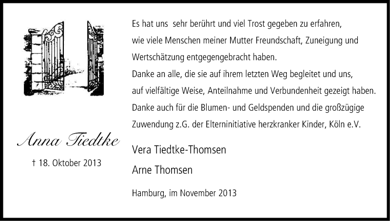  Traueranzeige für Anna Tiedtke vom 30.11.2013 aus Kölner Stadt-Anzeiger / Kölnische Rundschau / Express
