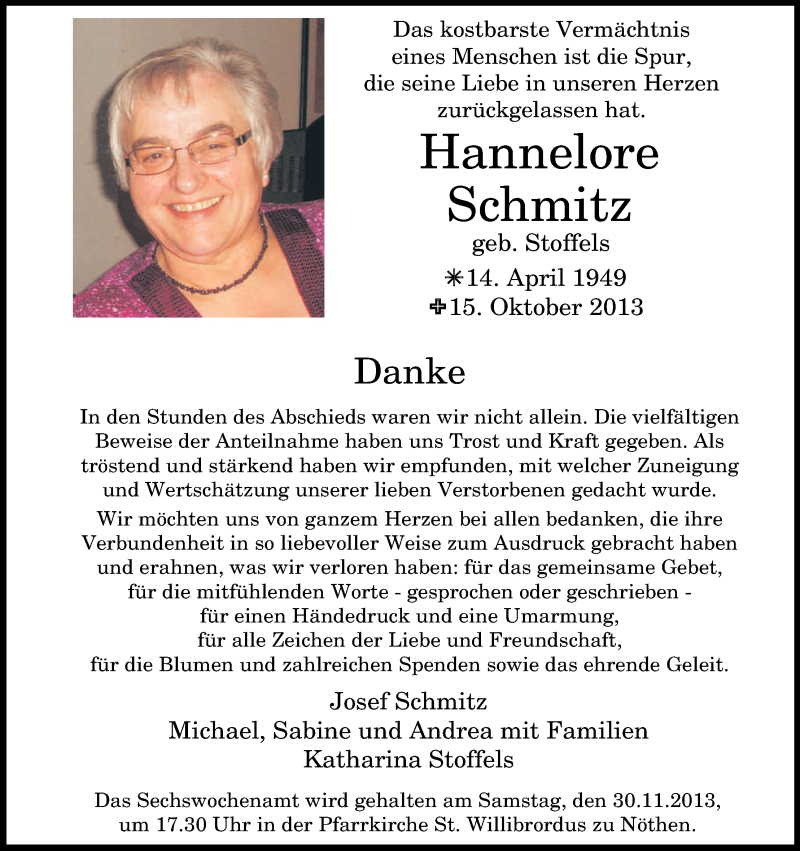  Traueranzeige für Hannelore Schmitz vom 26.11.2013 aus Kölner Stadt-Anzeiger / Kölnische Rundschau / Express
