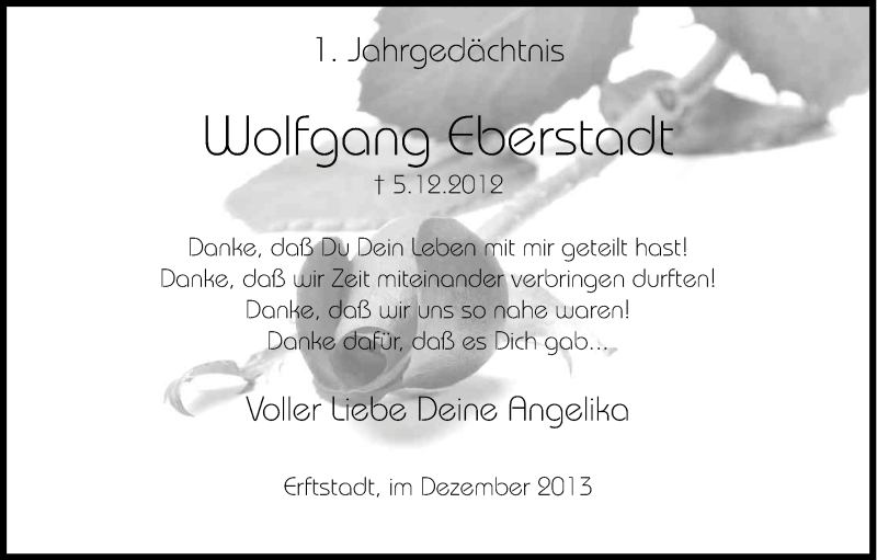  Traueranzeige für Wolfgang Eberstadt vom 07.12.2013 aus Kölner Stadt-Anzeiger / Kölnische Rundschau / Express