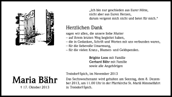 Anzeige von Maria Bähr von Kölner Stadt-Anzeiger / Kölnische Rundschau / Express