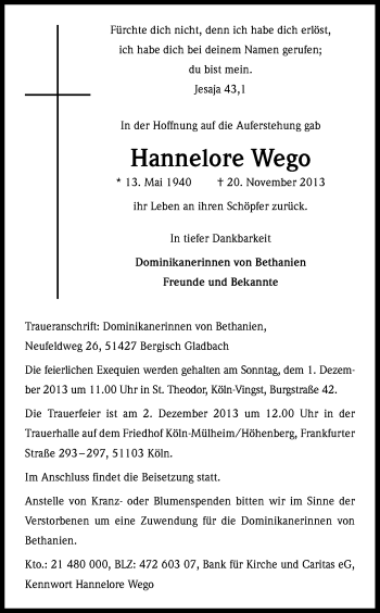 Anzeige von Hannelore Wego von Kölner Stadt-Anzeiger / Kölnische Rundschau / Express
