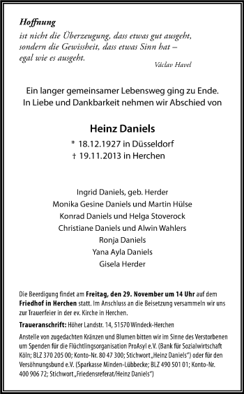 Anzeige von Heinz Daniels von Kölner Stadt-Anzeiger / Kölnische Rundschau / Express