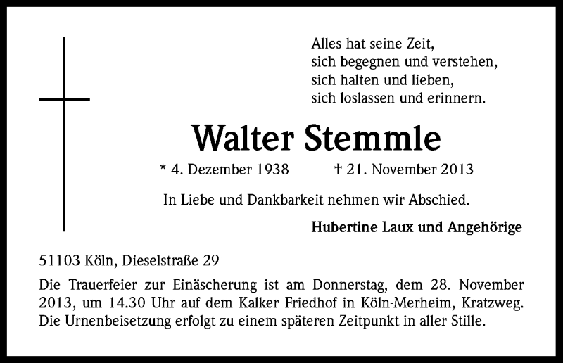  Traueranzeige für Walter Stemmle vom 26.11.2013 aus Kölner Stadt-Anzeiger / Kölnische Rundschau / Express