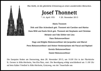 Anzeige von Josef Thonnett von Kölner Stadt-Anzeiger / Kölnische Rundschau / Express