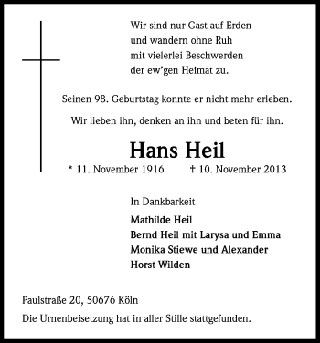Anzeige von Hans Heil von Kölner Stadt-Anzeiger / Kölnische Rundschau / Express