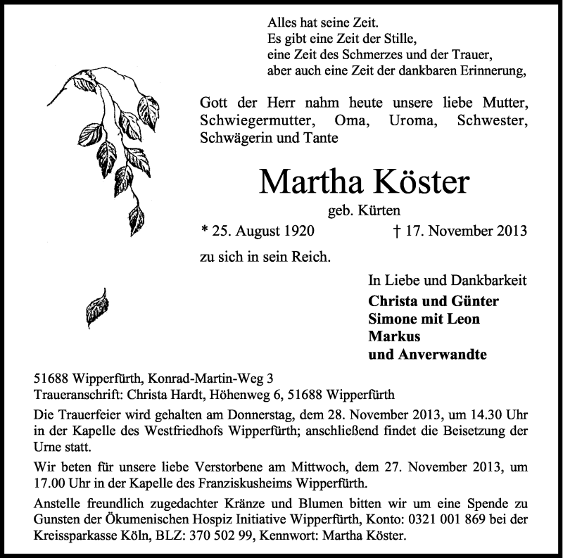  Traueranzeige für Martha Köster vom 25.11.2013 aus Kölner Stadt-Anzeiger / Kölnische Rundschau / Express