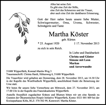 Anzeige von Martha Köster von Kölner Stadt-Anzeiger / Kölnische Rundschau / Express