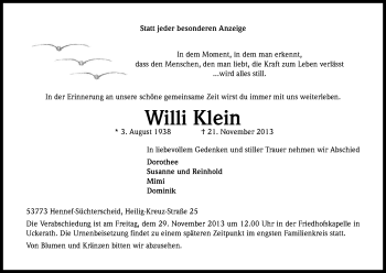 Anzeige von Willi Klein von Kölner Stadt-Anzeiger / Kölnische Rundschau / Express