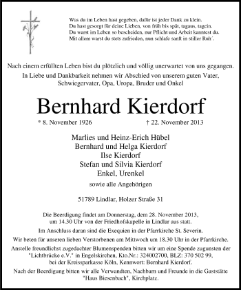 Anzeige von Bernhard Kierdorf von Kölner Stadt-Anzeiger / Kölnische Rundschau / Express