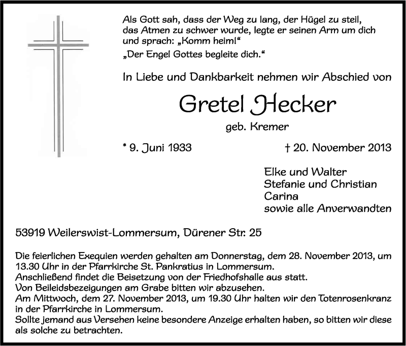  Traueranzeige für Gretel Hecker vom 25.11.2013 aus Kölner Stadt-Anzeiger / Kölnische Rundschau / Express
