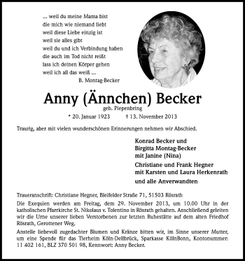 Anzeige von Anny Becker von Kölner Stadt-Anzeiger / Kölnische Rundschau / Express