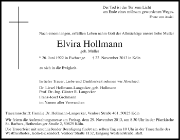 Anzeige von Elvira Hollmann von Kölner Stadt-Anzeiger / Kölnische Rundschau / Express